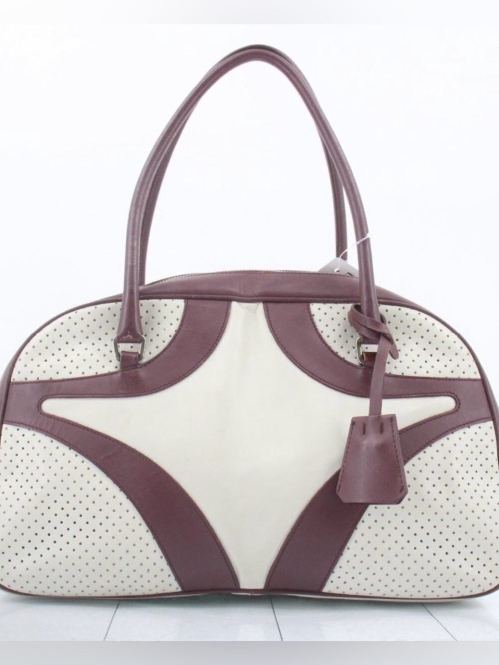 Prada Vintage Vitello Drive Leather Perforated Bowling Bag w/COA